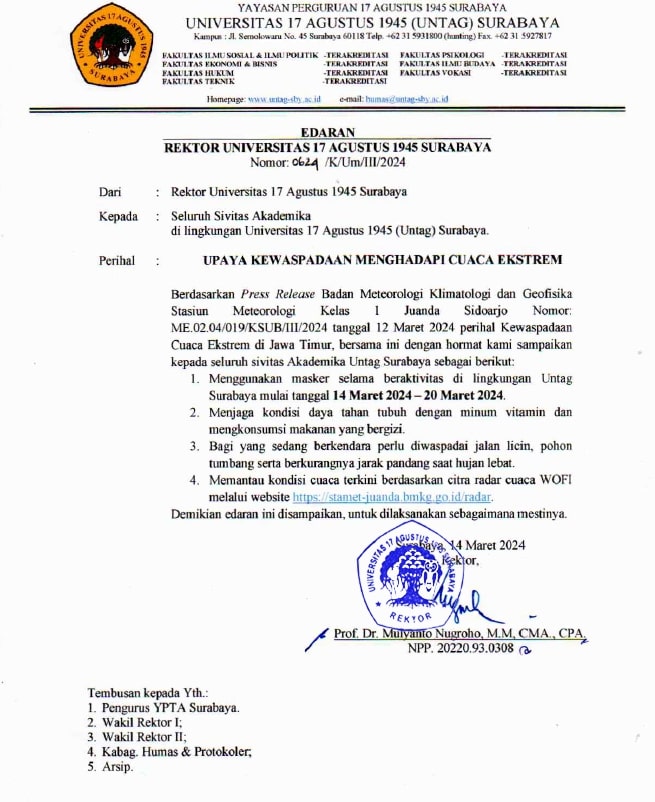 Himbauan pada peningkatan kewaspadaan Civitas Akademika Untag Surabaya